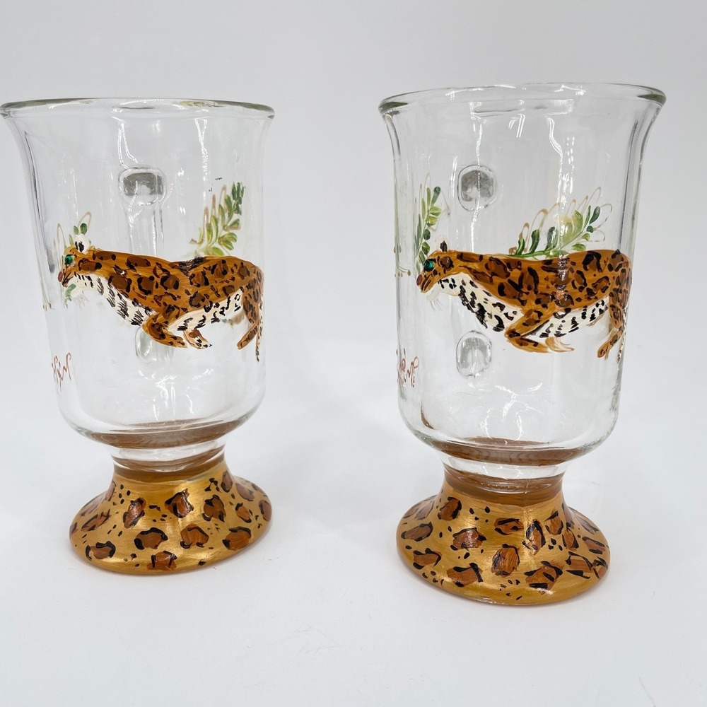 2 Hand Painted Leopard Irish Coffee Mugs Footed Pedestal Artist Signed Jungle